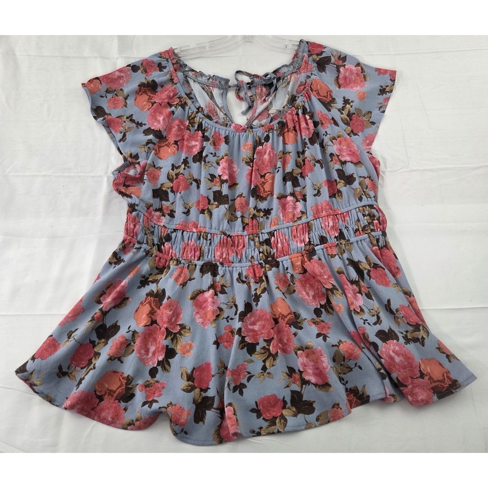 Torrid Peplum Blouse Womens 2X Blue Pink Floral Babydoll Cottagecore Romantic